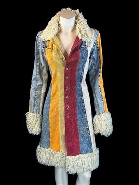 Y2K Vintage Patchwork Corduroy & Denim Shearling Trim Coat / Boho Rockstar S M